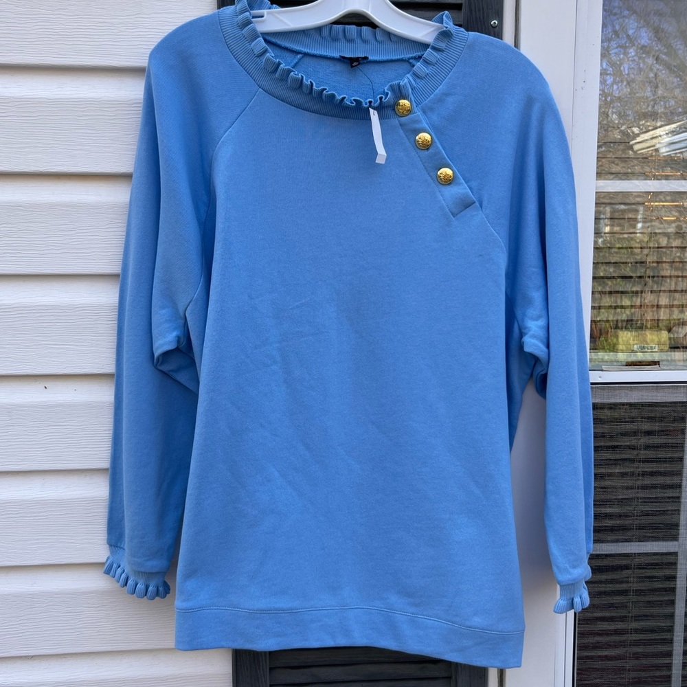 NWT Talbots Pretty Ruffle Neck Blue Button Neck Long Sleeve Sweatshirt